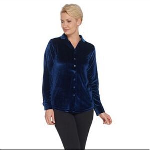 BROOKE SHIELDS Timeless Knit Velvet Button Front Long Sleeve Blue Top/blouse